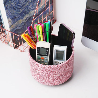 lizimandu Round Leather Art Supply Organizer,Remote Control Holder,360 Degree Spinning,Multi-Functional Pencil Holder,4 Compartments Desktop Stationary Organizer(1-Gold) - Colors A