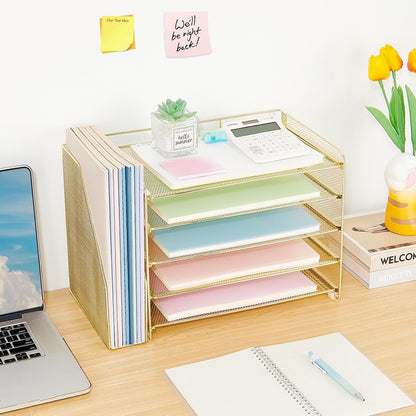 OPNICE Desk Organizer, 5-Tier Paper Organizer Letter Tray with Magazine Holder, Office Desk Accessories & Workspace Organizers, Desktop File Organizer for Office Supplies Storage, Black