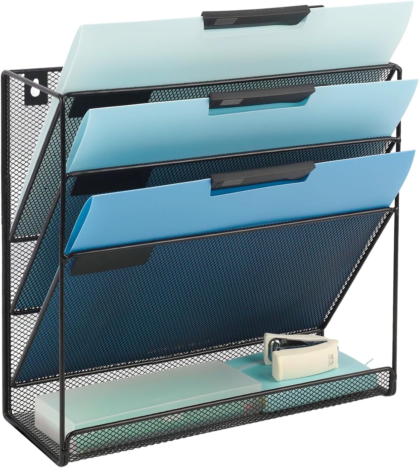 EASEPRES Desk File Organizer Mesh 6-Tier, Hanging Wall Mount Document Organization Stand, Desktop Vertical Mail Paper Folder Holder Rack with Bottom Tray for Office Home Cubicle Countertop, Black