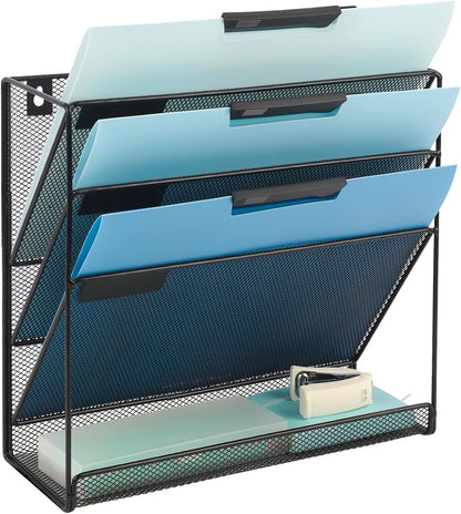 EASEPRES Desk File Organizer Mesh 6-Tier, Hanging Wall Mount Document Organization Stand, Desktop Vertical Mail Paper Folder Holder Rack with Bottom Tray for Office Home Cubicle Countertop, Black