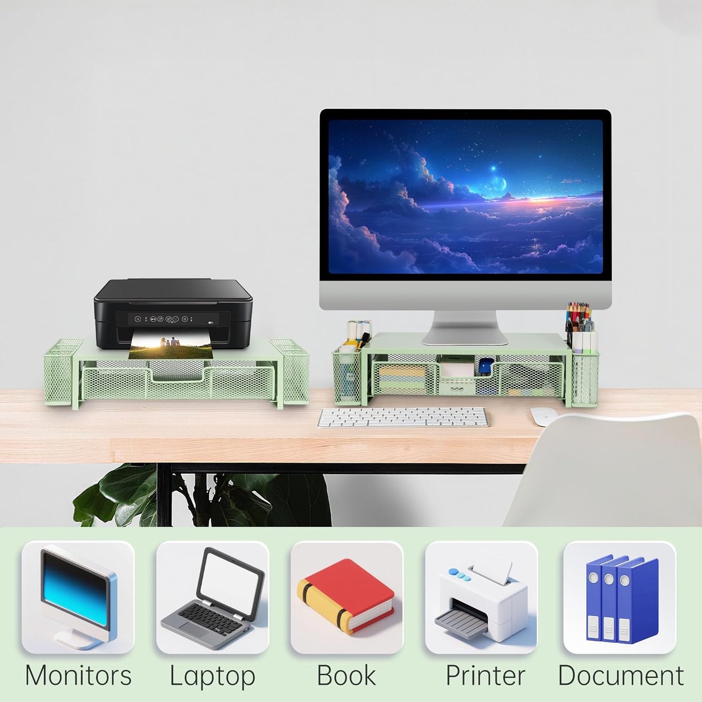 Qupui Computer Monitor Stand Riser with Drawer and Pen Holders, Desk Organizer Shelf and Accessories, Office Desk Accessories, Office Organization, Black