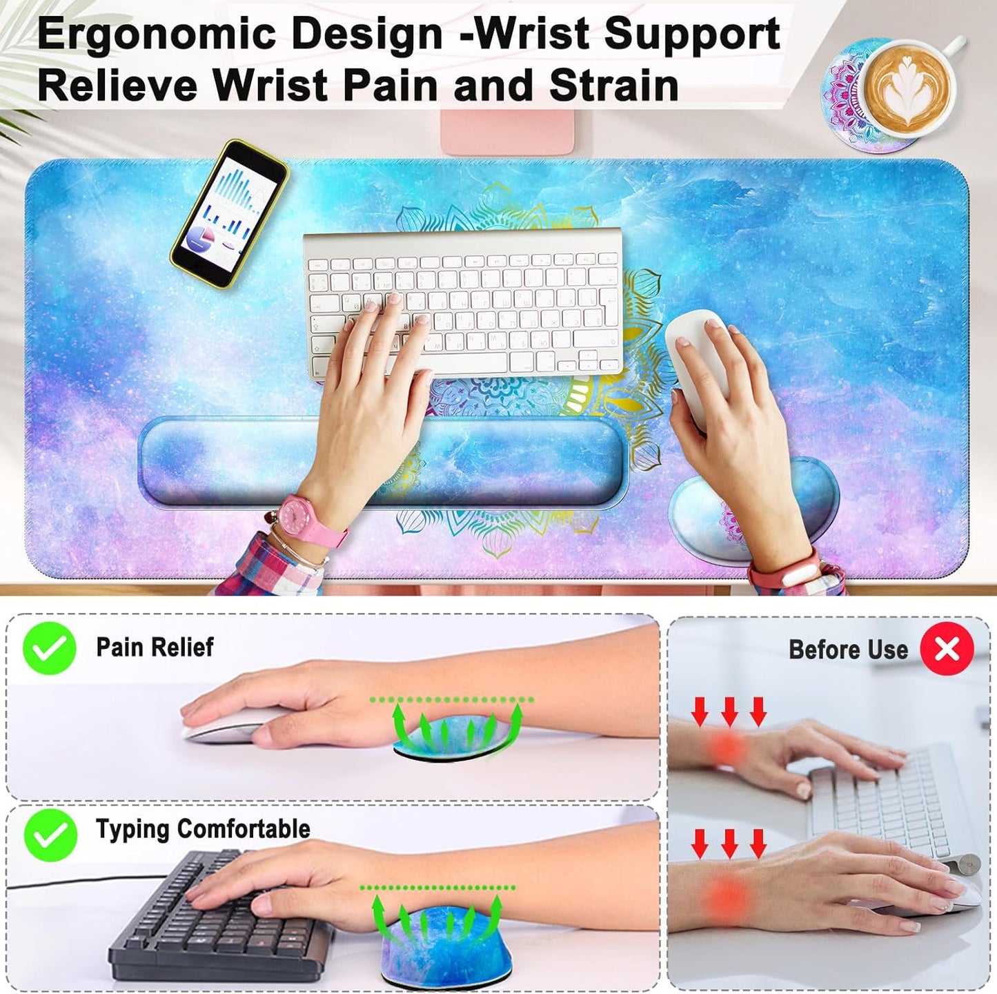 Keyboard Wrist Rest + Mouse Pad with Wrist Support + Desk Mat + Coaster 4 in 1 Set, XXL Large Gaming Mousepad Cute Ergonomic Mouse Pads for Desk Computer Laptop Office Decor-Beach