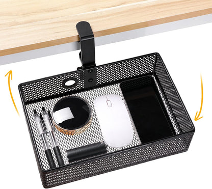 2-Tier Clamp-On Mesh Organizer, Under Desk Storage with Slide-Out Tray, No Drilling Tool-Free Installation, Durable Rust-Resistant Metal, Large-Capacity Organizer.