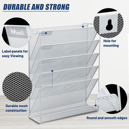 EASEPRES Desk File Organizer Mesh 6-Tier, Hanging Wall Mount Document Organization Stand, Desktop Vertical Mail Paper Folder Holder Rack with Bottom Tray for Office Home Cubicle Countertop, Black