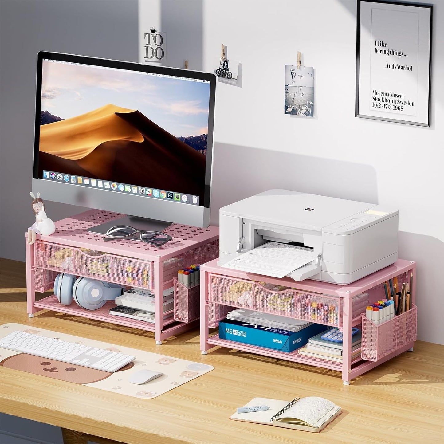 Marbrasse Metal Printer Stand for Desk with Storage Drawer and 2 Pen Holders, 2-Tier Desktop Organizer Printer Table for Home Office, Multi-Purpose Desk Organizer for Fax Machine Scanner Files(Black)