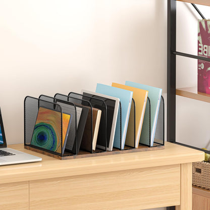 Piskyet Wooden Desk File Organizer, 5-Section Vertical File Folder Holder Stand,Metal Mail Paper Chromebook Organizer for Teacher Desk Office Classroom Desktop Organization