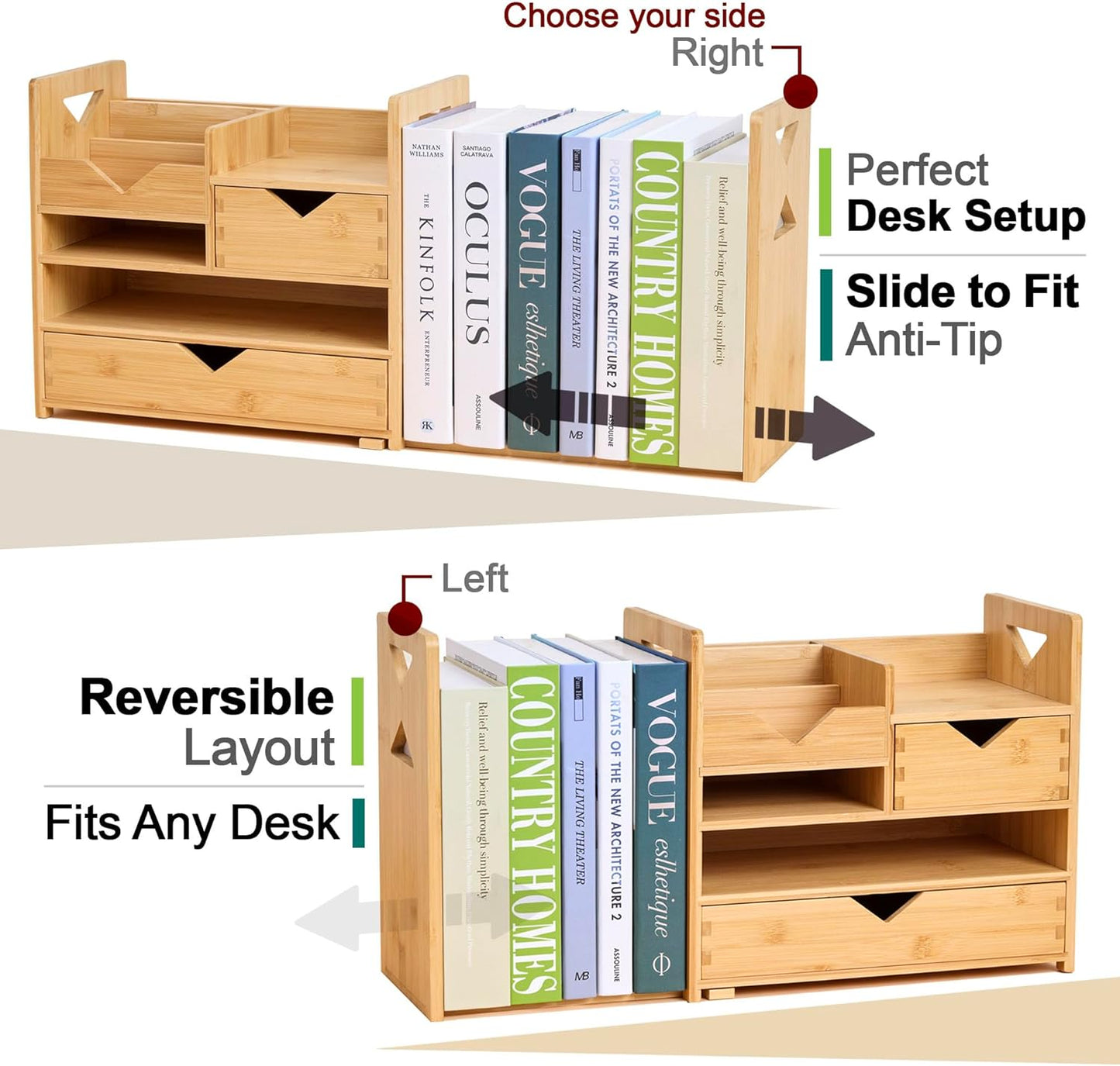 Pandorama Bamboo Desk Organizer Large - A4 Drawers & Adjustable File Holder, Fully Assembled Wood Desktop Storage for Kitchen, Bedroom, Bathroom, Study Room