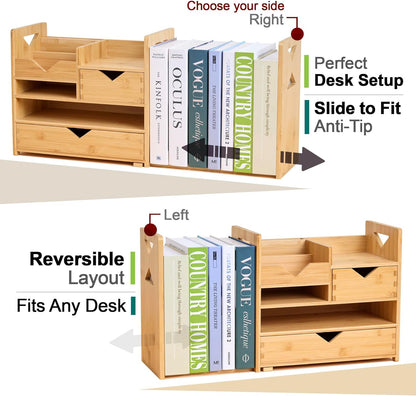 Pandorama Bamboo Desk Organizer Large - A4 Drawers & Adjustable File Holder, Fully Assembled Wood Desktop Storage for Kitchen, Bedroom, Bathroom, Study Room