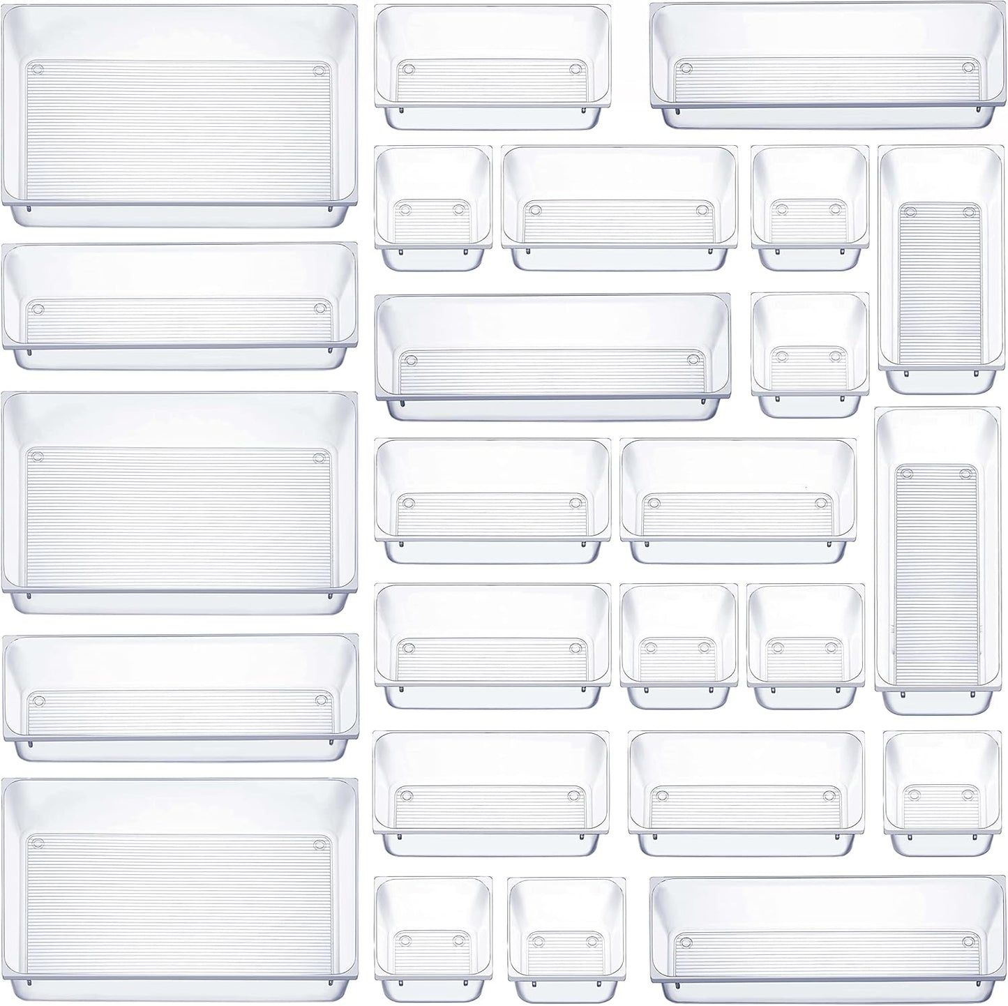 Seseno 25 PCS Clear Plastic Drawer Organizers Set, 4-Size Versatile Bathroom and Vanity Drawer Organizer Trays, Storage Bins for Makeup, Bedroom, Kitchen Gadgets Utensils and Office Accessories