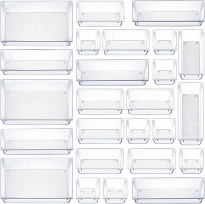 Seseno 25 PCS Clear Plastic Drawer Organizers Set, 4-Size Versatile Bathroom and Vanity Drawer Organizer Trays, Storage Bins for Makeup, Bedroom, Kitchen Gadgets Utensils and Office Accessories