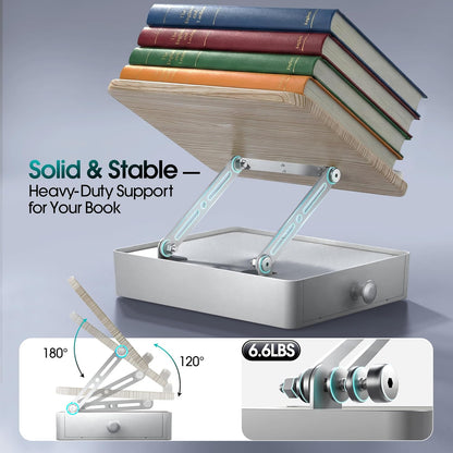 Book Stand with Storage Drawer, Adjustable Wooden Reading Stand for Desk, Ergonomic Height & Angle Book Holder for Textbooks, Cookbooks, Documents (Walnut Finish, 9.8" x 13.8" Large Panel)