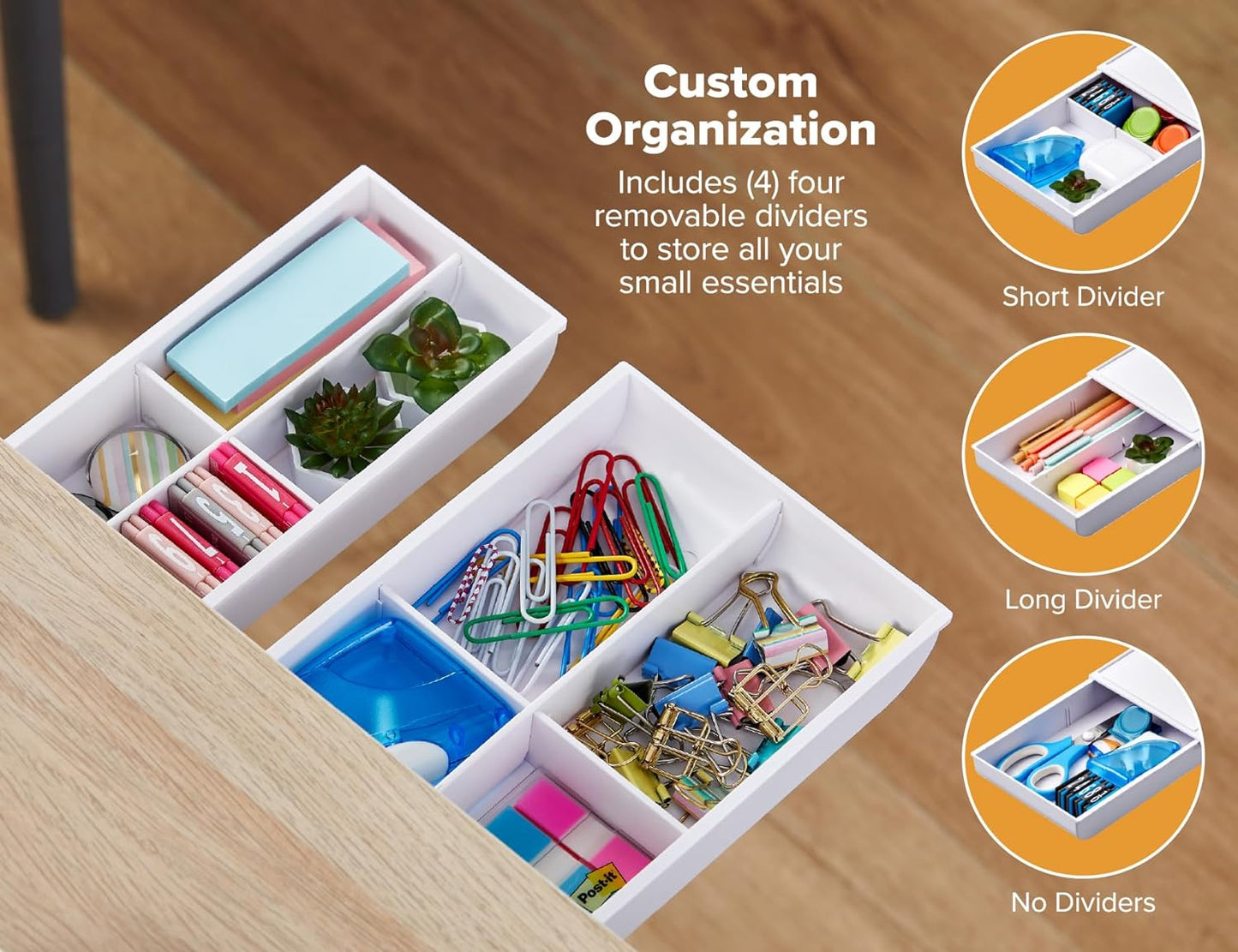 Bostitch Konnect Under Desk Drawer, Self-Adhesive Slide Out Storage Organizer with 4 Customizable Dividers, 2-Pack