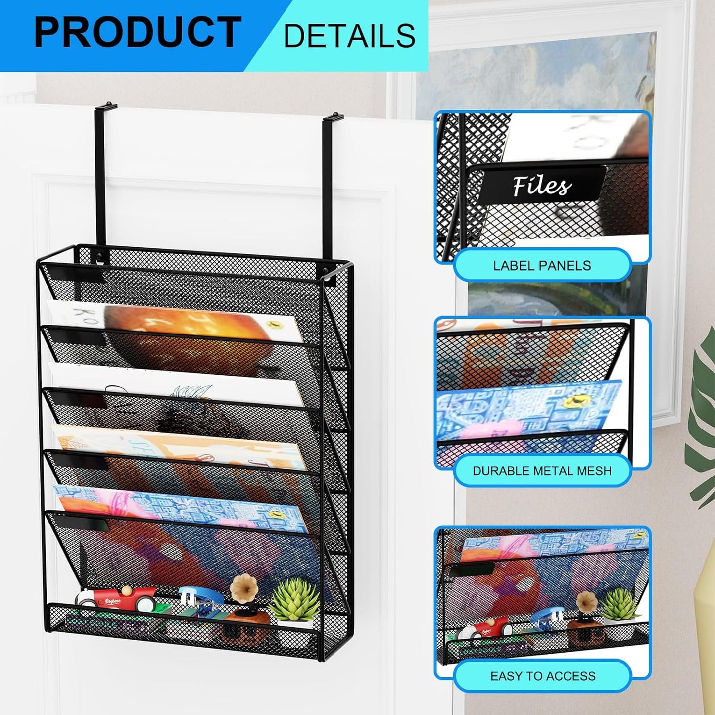 Wall File Organizer Holder Mesh Hanging Paper Document Holder,Vertical 6 Pocket Tier for Office Home, Black