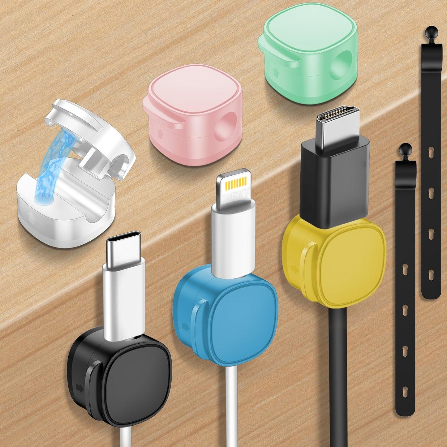 6 Pack,Magnetic Cable Clips & Silicon Cable Ties,[Cable Smooth Adjustable Under Desk Organizer],Cable Management,Cord Holder-Desk Stand Cable Organizer Holding,Adhesive for Home Cable Keeper