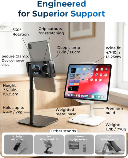 COOPER TabStand, 20" Tall iPad Stand for Desk, Portable Monitor Holder up to 17" Holds 4.4lb, Desktop Tablet Stand, Tablet Mount, Apple iPad Holder for Desk, for Samsung, Kindle, Fire (Night Black)