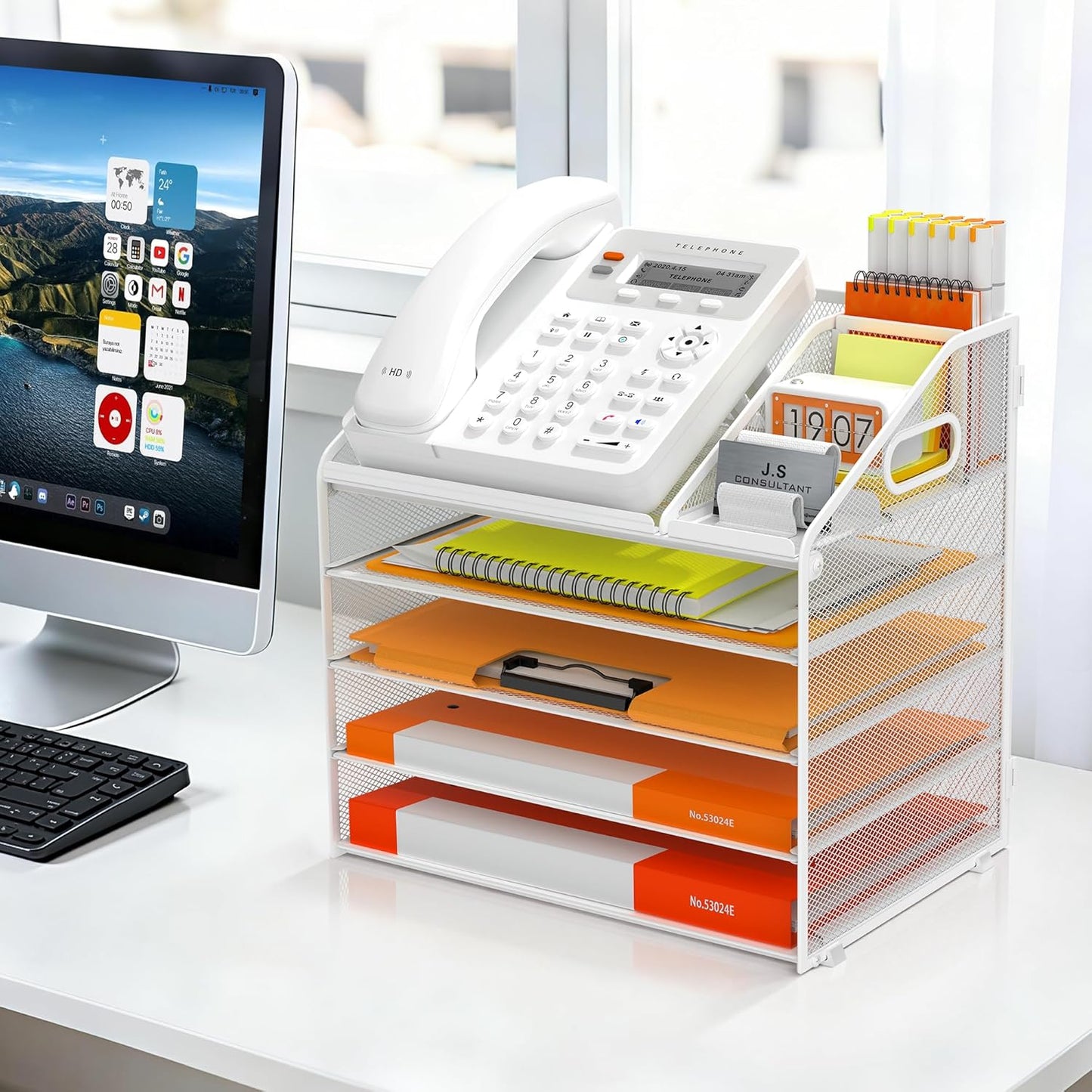 DocNest 4 Tier Metal Mesh Letter Tray - Space Saving Desk File Organizer with Handle, Pen Holder & Folder Holder - Desktop Document Sorter for Office, Home, School, Classroom - Black