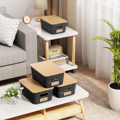 6Pcs Storage Bins with Lids, Stackable Plastic Storage Basket with Bamboo Lid, Pantry Organizer Box Small Containers for Organizing Shelves Drawer Desktop Closet Cabinet Office Classroom 10x7.1x4.1in
