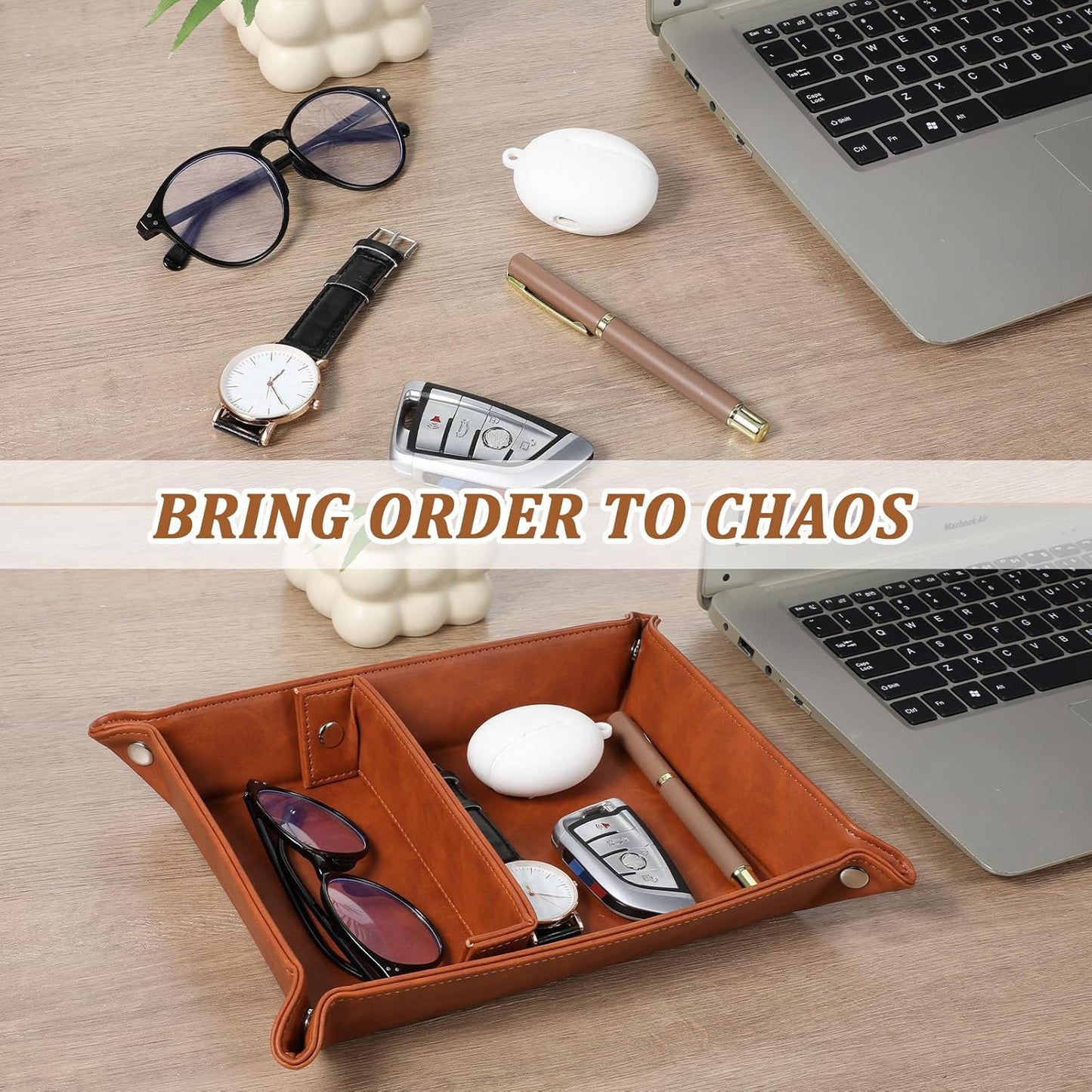 Vintage Valet Tray Set of 2, Foldable PU Leather Catchall Organizer with Removable Dividers for Desktop, Nightstand, Dresser - Dark Brown, 11.2"x8.4"x1.8"