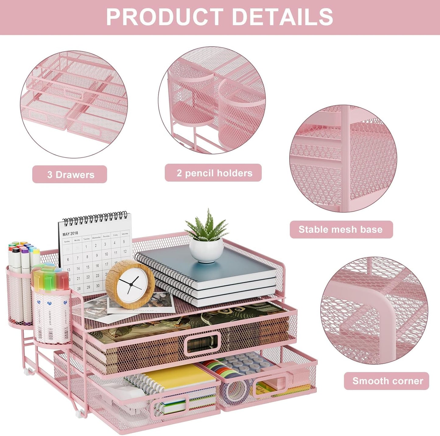 Marbrasse 3 Tier Mesh Desk Organizer with Drawer, Multi-Functional Desk Organizers and Accessories, Paper Letter Organizer with 2 Pen Holder for Home Office Supplies (Black)