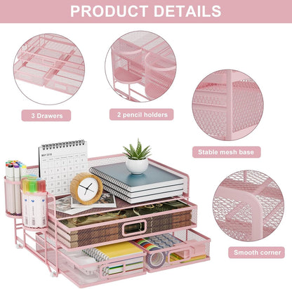 Marbrasse 3 Tier Mesh Desk Organizer with Drawer, Multi-Functional Desk Organizers and Accessories, Paper Letter Organizer with 2 Pen Holder for Home Office Supplies (Black)