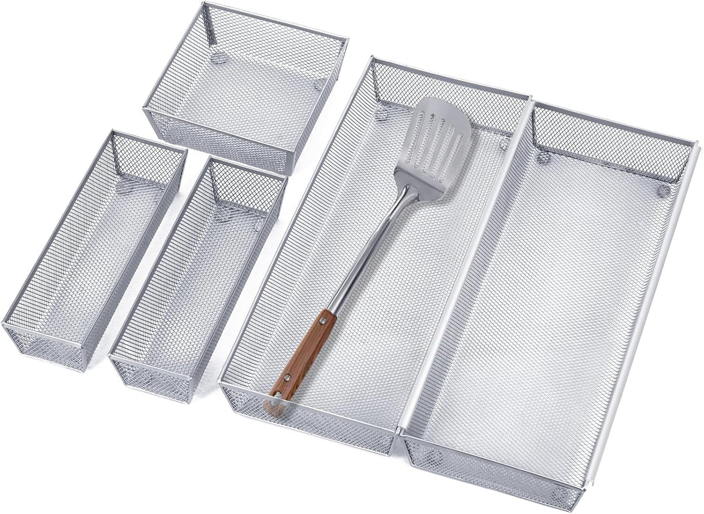 Neudeco Drawer Organizer Set 6 Pack - 5-Compartment Silverware Organizer Tray + 5 Utensil Trays, Kitchen Drawer Organizer for Flatware, Cutlery, Office Supplies, Black Mesh, Non-Slip.
