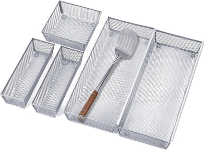 Neudeco Drawer Organizer Set 6 Pack - 5-Compartment Silverware Organizer Tray + 5 Utensil Trays, Kitchen Drawer Organizer for Flatware, Cutlery, Office Supplies, Black Mesh, Non-Slip.