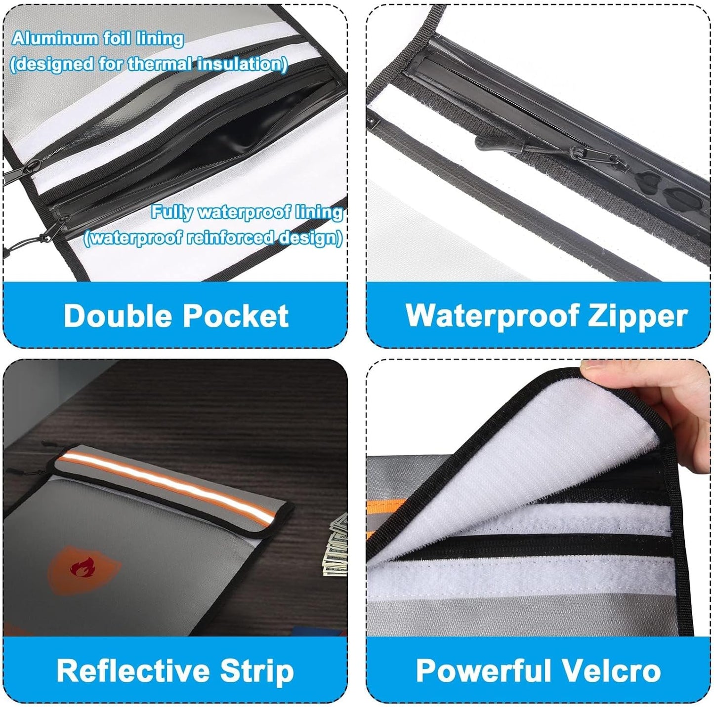 Fireproof Document Bag - Waterproof Fireproof Money Bag with Zipper for Cash/Important Documents/Valuables (Seal Protection), 15x11" (A4 Size), Fire Safe Envelope Bag with Reflective Strip