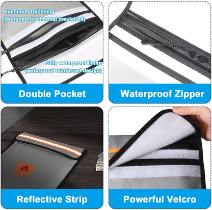 Fireproof Document Bag - Waterproof Fireproof Money Bag with Zipper for Cash/Important Documents/Valuables (Seal Protection), 15x11" (A4 Size), Fire Safe Envelope Bag with Reflective Strip