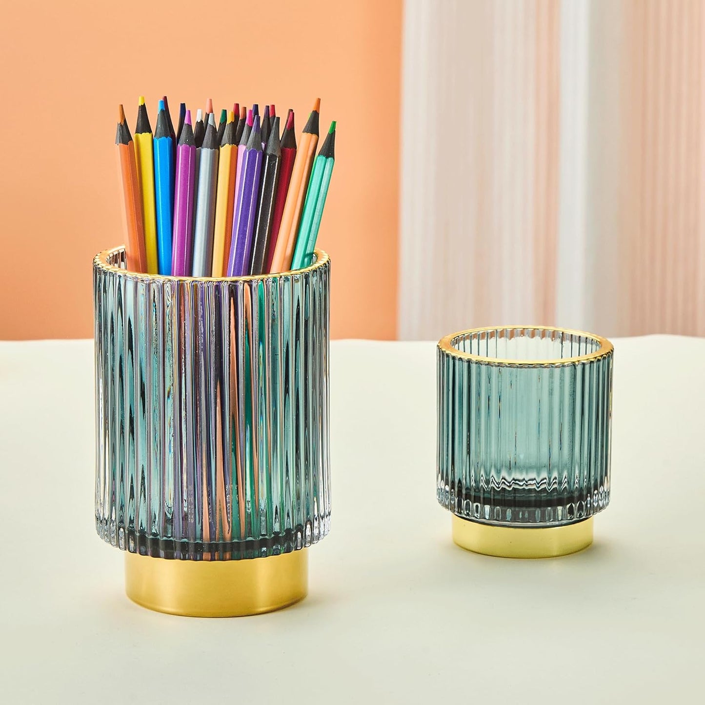Makeup Brush Holder Organizer,Toothbrush Holders,Desk Pen Pencil Holder,Multifunctional Vintage Glass Brush Cup（L/Green/A3-6-US）