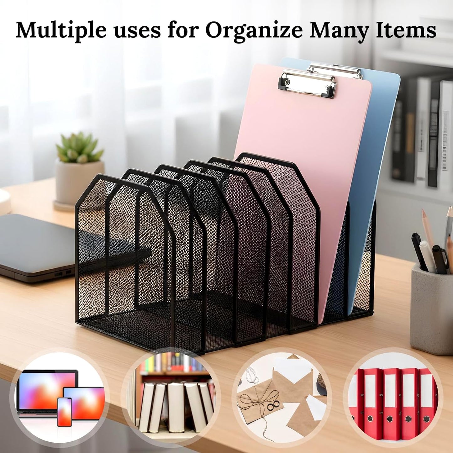 Metal Mesh File Organizer, Adjustable 7 Section Vertical Desk File Holder, Black Office Heavy-Duty Document Sorter for Books Binders, Laptops