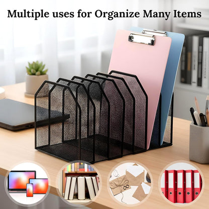 Metal Mesh File Organizer, Adjustable 7 Section Vertical Desk File Holder, Black Office Heavy-Duty Document Sorter for Books Binders, Laptops