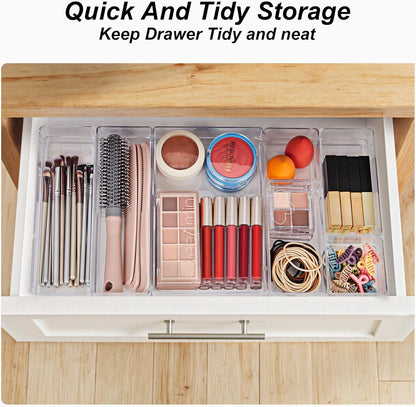 SMARTAKE 7-Piece Drawer Organizer with Non-Slip Silicone Pads, 4-Size Desk Drawer Organizer Trays Storage Tray for Makeup, Jewelries, Utensils in Bedroom Dresser, Office and Kitchen (Clear)
