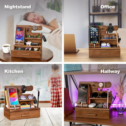 TESLYAR Wood Phone Docking Station with Drawer - Nightstand Organizer - Desk Organizer for Husband - Birthday Gifts for Men, Dad, Anniversary Idea, Key Holder Stand Watch & Accessories (Antique Brown)