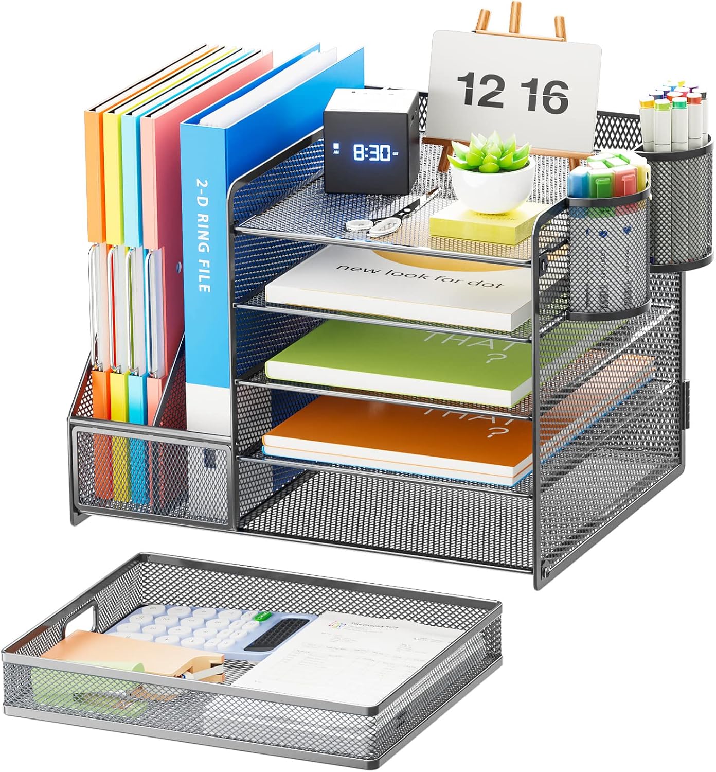 Marbrasse Desk Organizer with File Holder, 5-Tier Paper Letter Tray Organizer with Drawer and 2 Pen Holder, Mesh Desktop Organizer and Storage with Magazine Holder for Office Supplies(Black)