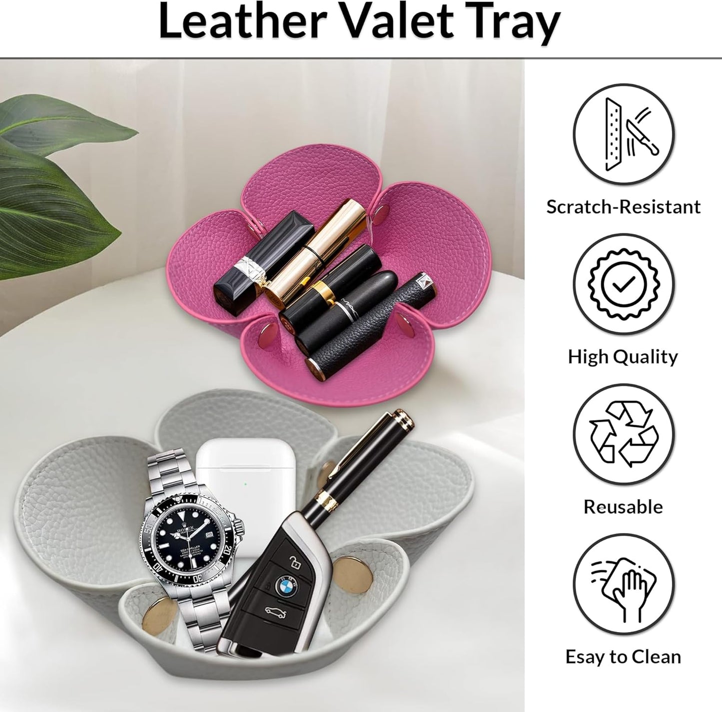 Cute Flower Shaped Leather Valet Tray,Premium Catchall Tray, Jewelry Tray 5.5'' Folding Portable Travel Oganizer,Decorative Desk Organizer For Key,Wallet,Watch,Coin,Jewelry (Baby Pink)