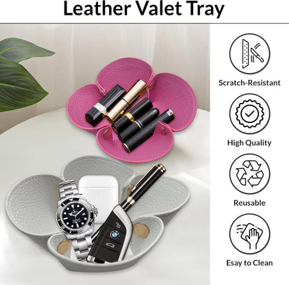 Cute Flower Shaped Leather Valet Tray,Premium Catchall Tray, Jewelry Tray 5.5'' Folding Portable Travel Oganizer,Decorative Desk Organizer For Key,Wallet,Watch,Coin,Jewelry (Baby Pink)