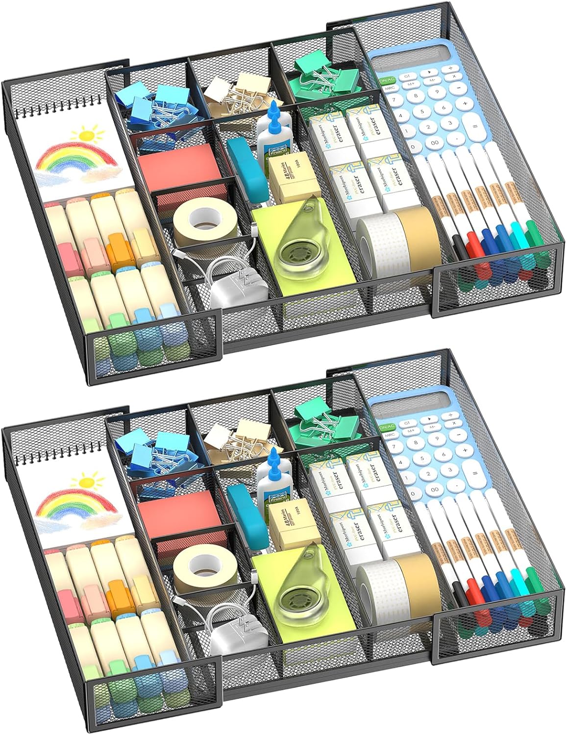 Expandable Desk Drawer Organizer Tray with 10 Adjustable Compartments, Metal Mesh Office Drawer Organizer, Versatile Desk Organizer for Home, School Supplies, Makeup Vanity & Jewelry (Black)