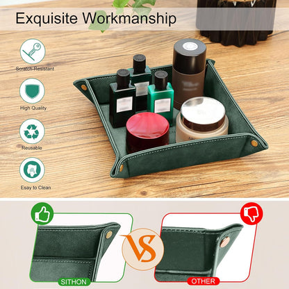 SITHON Valet Tray Desktop Storage Organizer – Premium PU Leather Catchall Bedside Vanity Tray Nightstand Caddy Holder for Keys, Phone, Wallet, Coin, Valentine's Day Gift, Brown