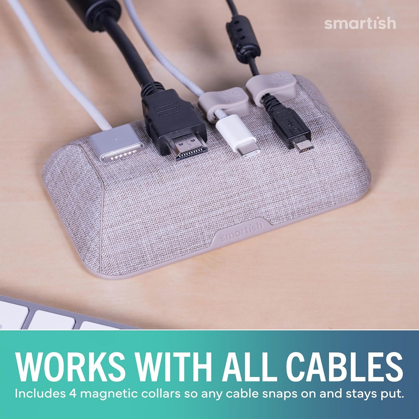 Smartish® Magnetic Cord Holder - Cable Wrangler Organizer with Magnet Clips for Charger Management on Desktop, Nightstand for USB-C + Lightning - Lightly Toasted Beige