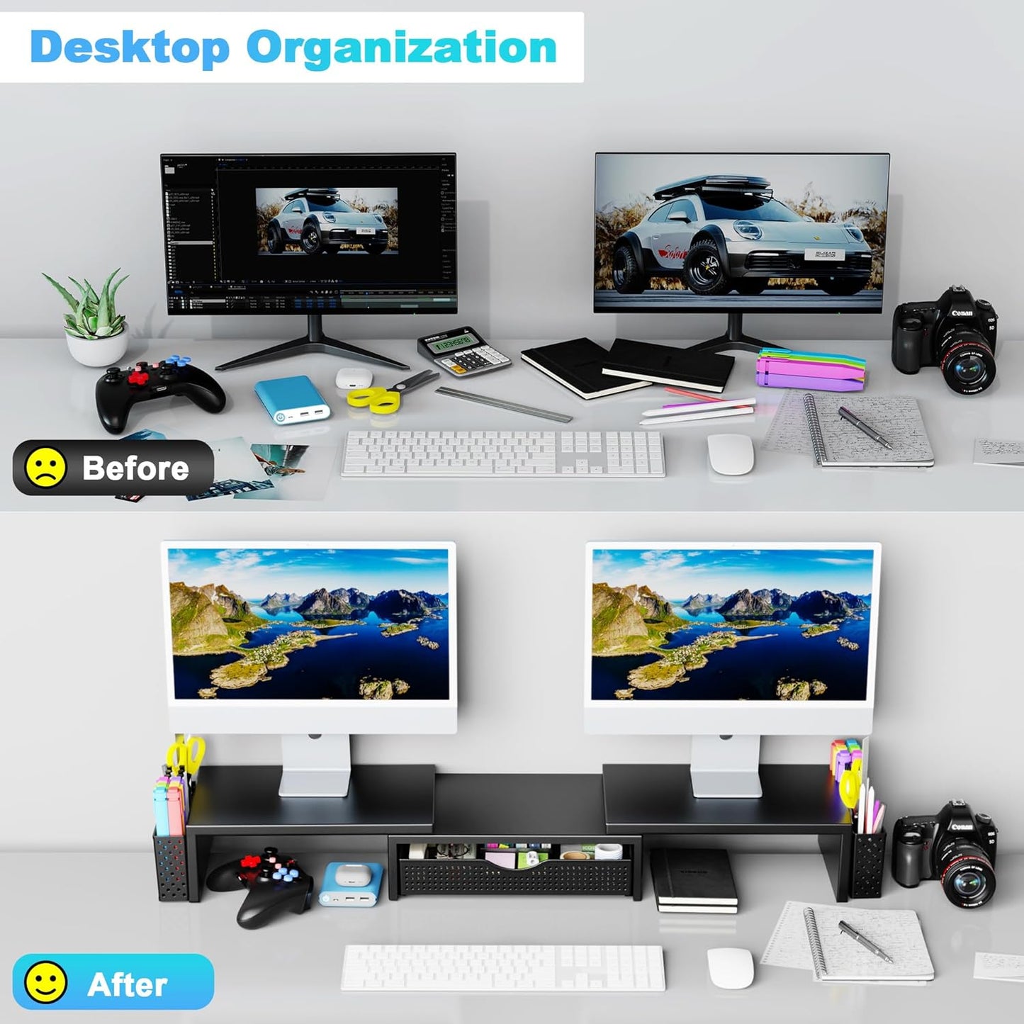Spacrea Metal Desk Organizers and Accessories, Dual Monitor Stand Riser with Drawer and 2 Pen Holders, Book Racks, Desk Accessories & Workspace Desktop Organizers for Office Supplies (Black)