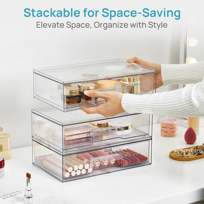 Vtopmart 12.1''W Clear Stackable Storage Drawers,2 Pack Acrylic Plastic Organizers Bins for Makeup Palettes, Cosmetics, and Beauty Supplies,Ideal for Vanity, Bathroom,Cabinet,Desk Organization