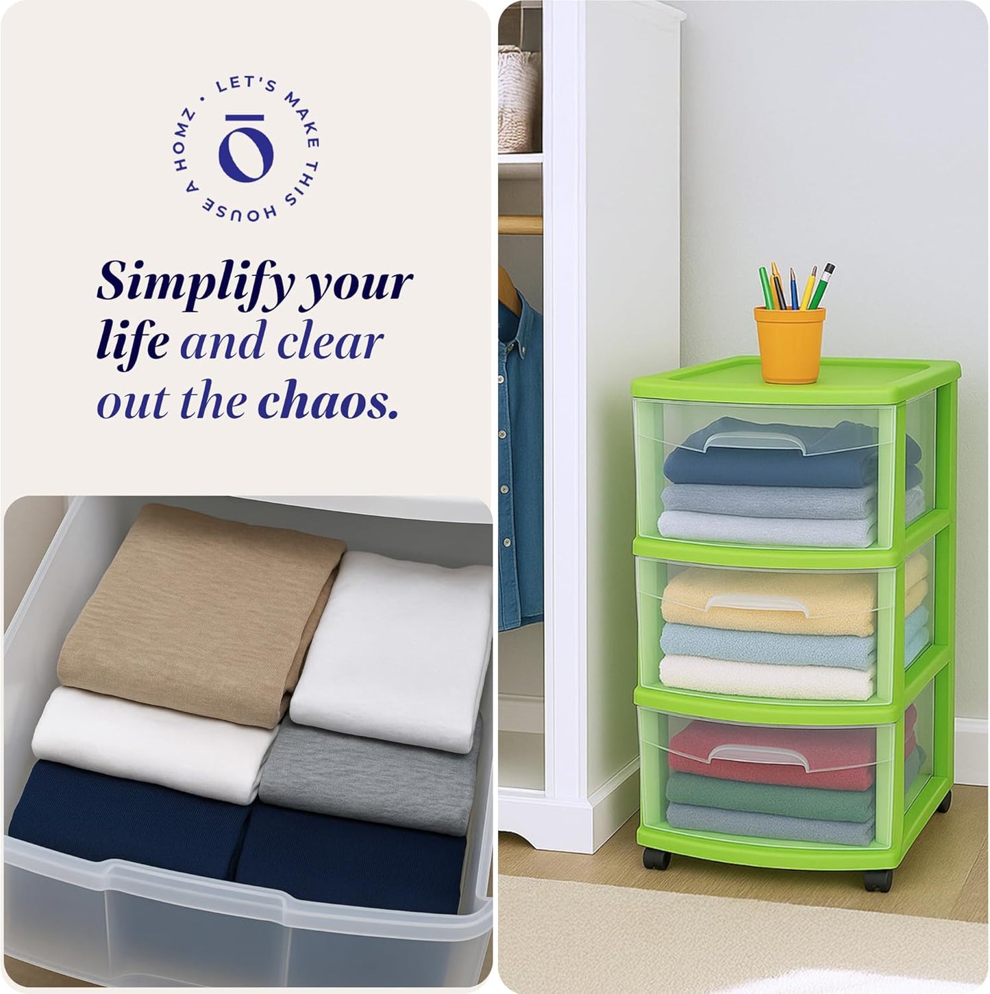 HOMZ Drawer Tower, 3-Tier Rolling Storage Cart with Removable Wheels, White Frame – Plastic Organizer with Clear Bin Drawers for Bedroom, Bathroom, Home Office, and Dorm Room
