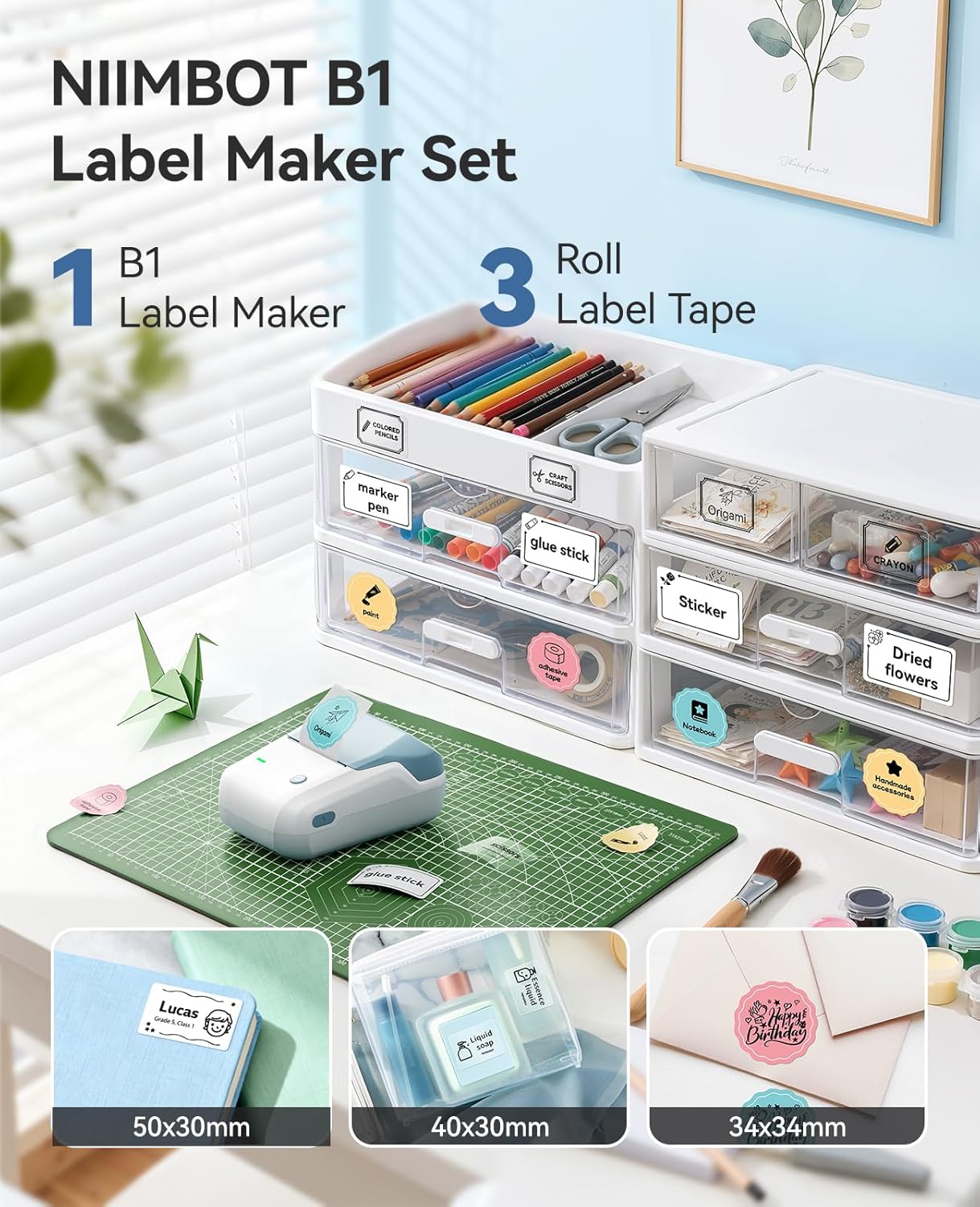 NIIMBOT B1 Label Maker Machine with Tape, 2 Inch Portable Label Printer, Bluetooth Thermal Label Printer with Multiple Templates for Small Business,Office,Home,School (Blue, 1 Printer+1 Roll Label)