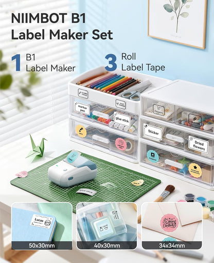 NIIMBOT B1 Label Maker Machine with Tape, 2 Inch Portable Label Printer, Bluetooth Thermal Label Printer with Multiple Templates for Small Business,Office,Home,School (Blue, 1 Printer+1 Roll Label)