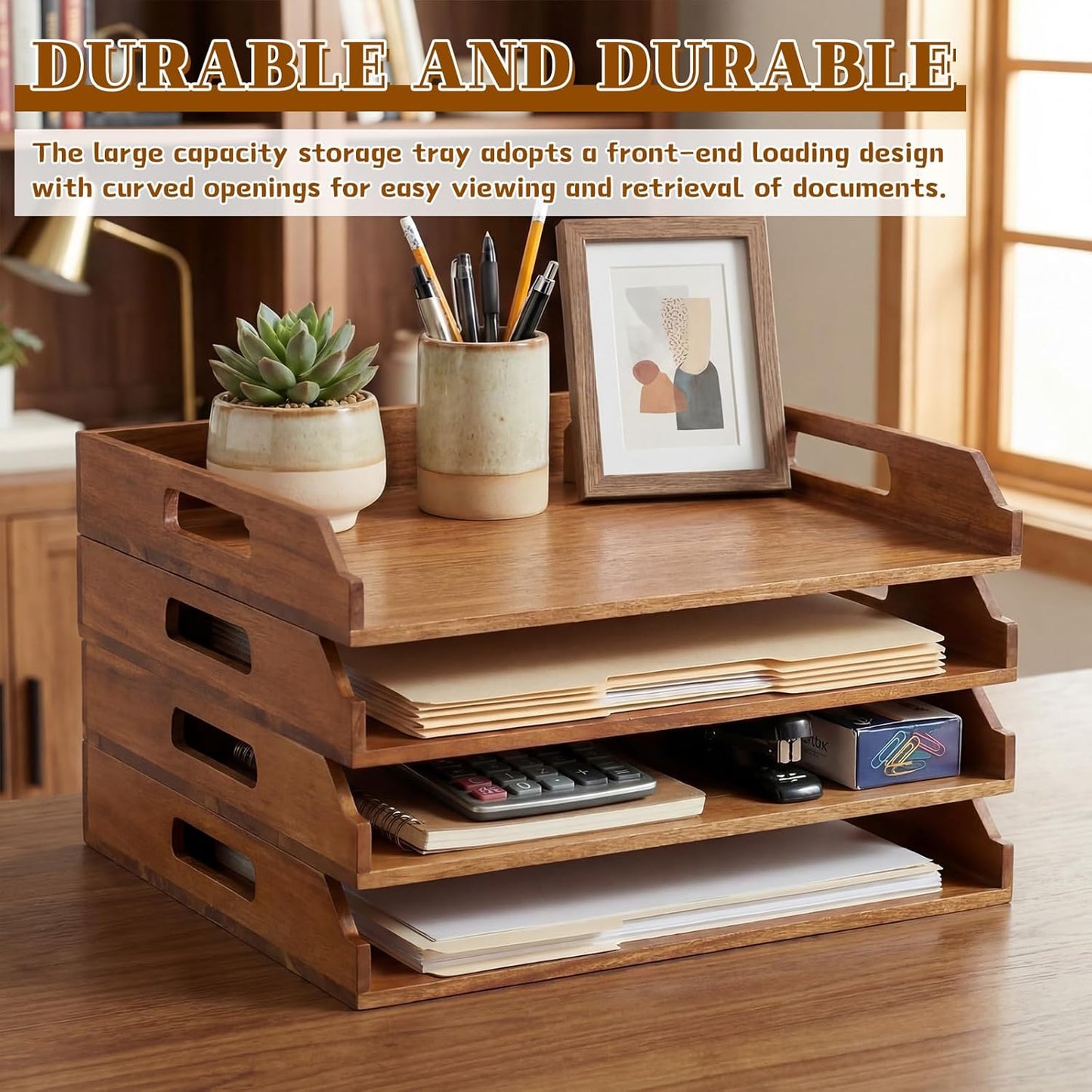 AceOrbit 6 Pcs Stackable Paper Tray Bamboo Wood Desk Organizer Letter Tray 6 Tier Wooden File Organizer Desk Shelf for Documents, Letter Sorter, Envelopes and Magazine Holder