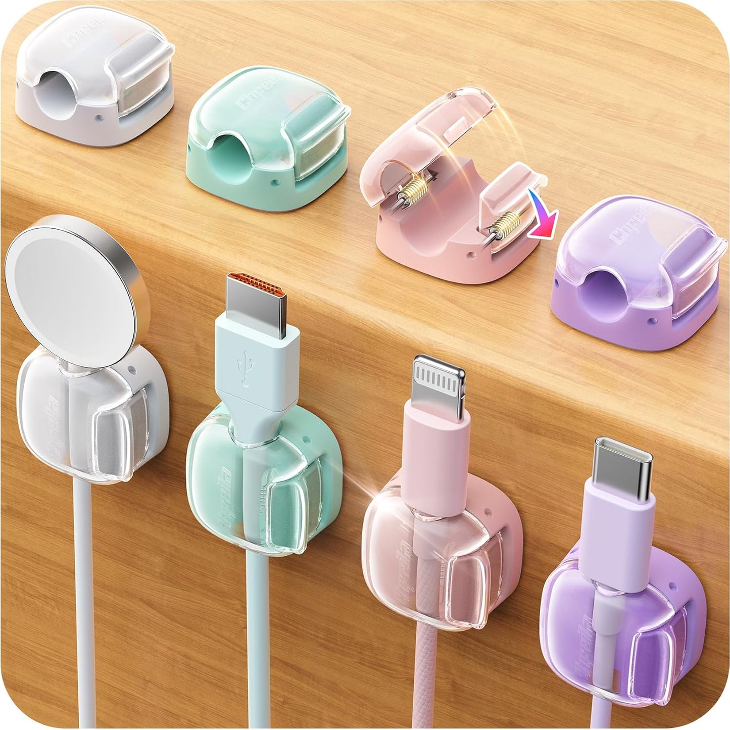 Cable Clips,8 Pack Cord Holder Cord Organizer [1s Lock & Strongest Adhesive] Spring Cord Clips Phone Charger Wire Desk Cable Management Nightstand Home Office School Decor Women Cute Desk Accessories