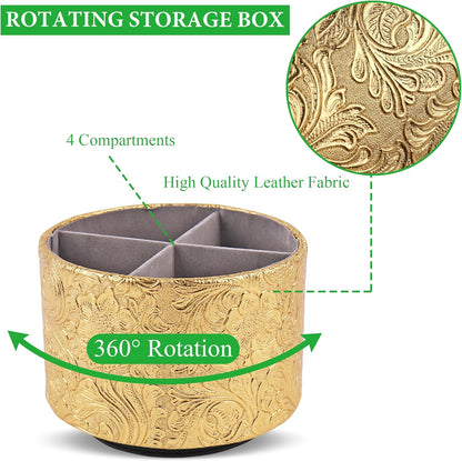 lizimandu Round Leather Art Supply Organizer,Remote Control Holder,360 Degree Spinning,Multi-Functional Pencil Holder,4 Compartments Desktop Stationary Organizer(1-Gold) - Colors B