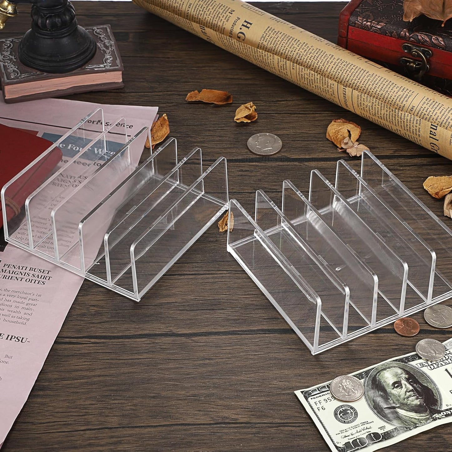 Hipiwe 2-Pack Acrylic File Organizer for Sorting Mail - 5 Slots Letter Sorter Clear Desktop Bill Divider Holder for Paper Envelope Document Book Cash Money Eyeshadow Makeup Palette