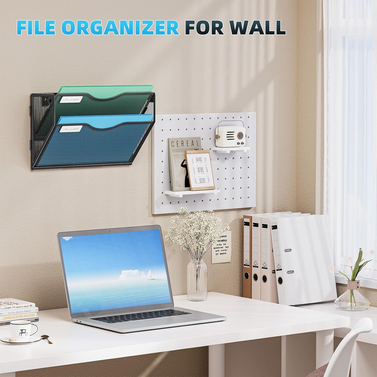 Marbrasse Wall File Holder 2-Tier Hanging Wall File Organizer, Mesh Mail Holder for Papers, Wall Mount File Clipboard & Magazine Organizer Great for Office Home (Black)