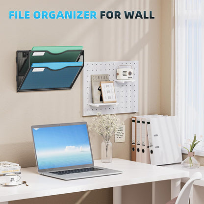 Marbrasse Wall File Holder 2-Tier Hanging Wall File Organizer, Mesh Mail Holder for Papers, Wall Mount File Clipboard & Magazine Organizer Great for Office Home (Black)